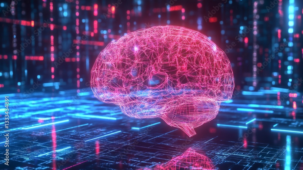 Poster futuristic 3d neon wireframe brain render in glowing environment