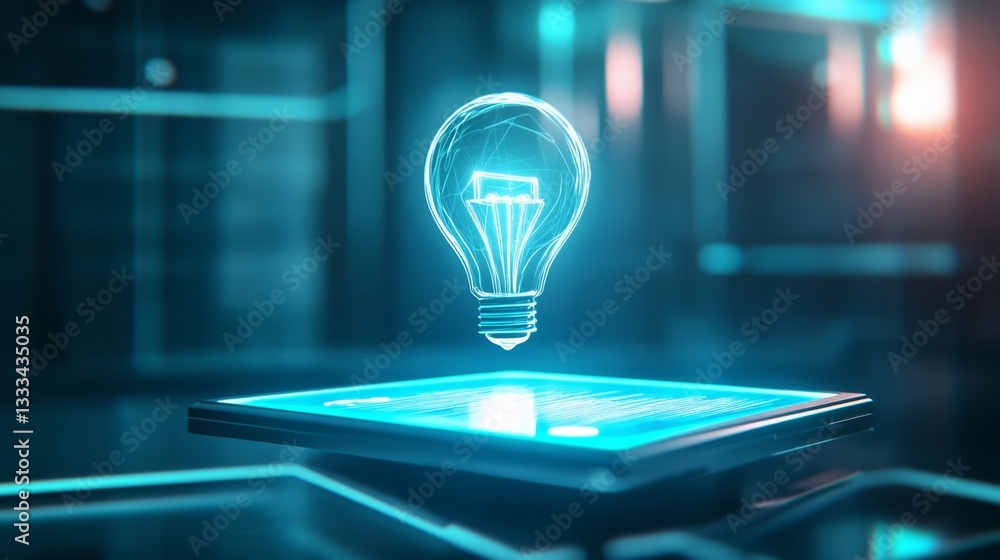 Poster futuristic 3d render of a floating tablet with illuminating bulb