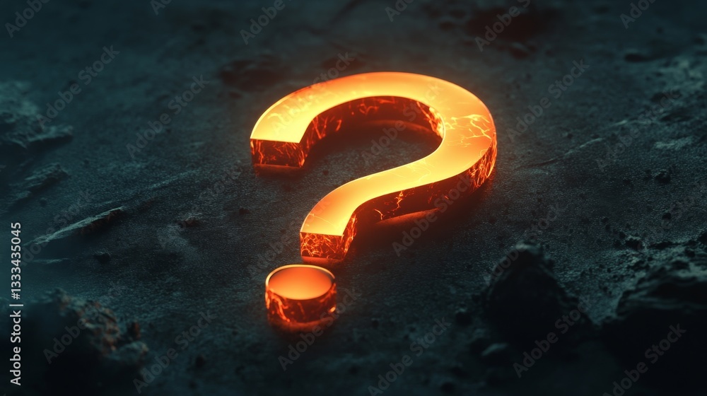 Poster glowing 3d question mark rendered in high quality with textured surface