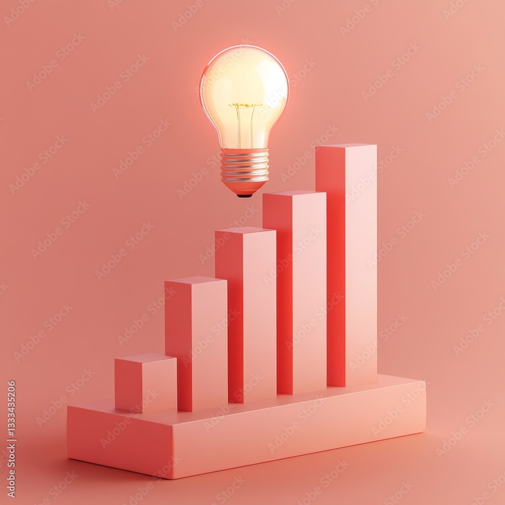 Poster modern 3d icon of lightbulb above increasing bar graph structure
