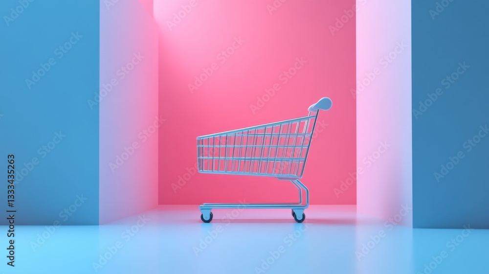 Poster minimalist 3d render of shopping cart in colorful storefront display