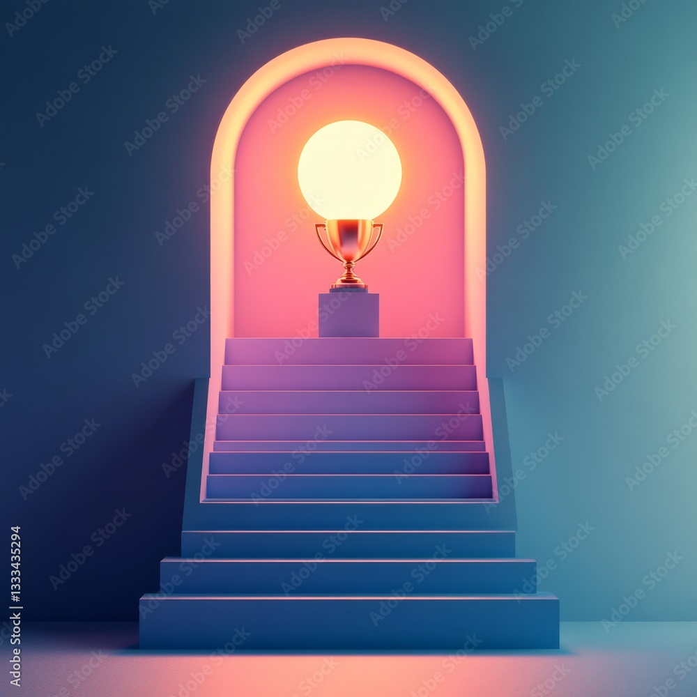 Poster minimalist 3d render of trophy on steps in soft lighting