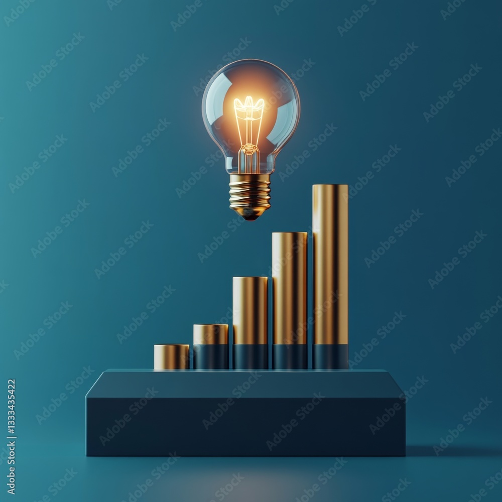 Poster modern 3d icon of lightbulb above growing bar graph elements