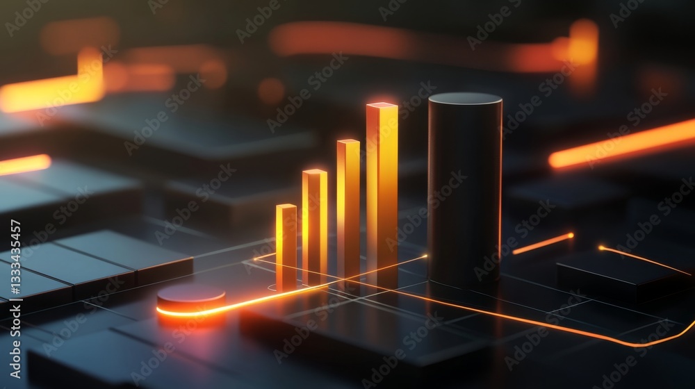 Poster modern 3d icon of an ascending bar graph on a digital background