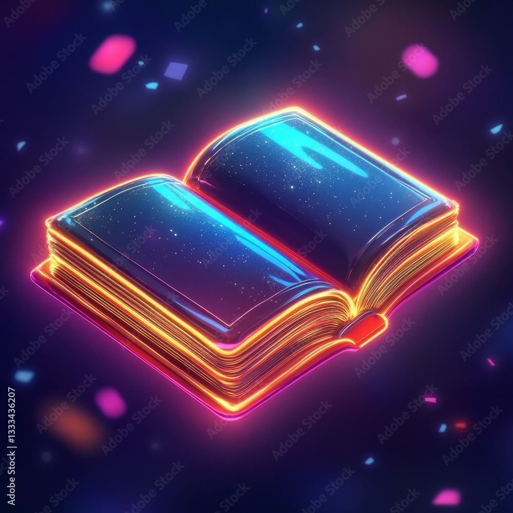 Poster vibrant 3d rendered icon of an open book with colorful elements