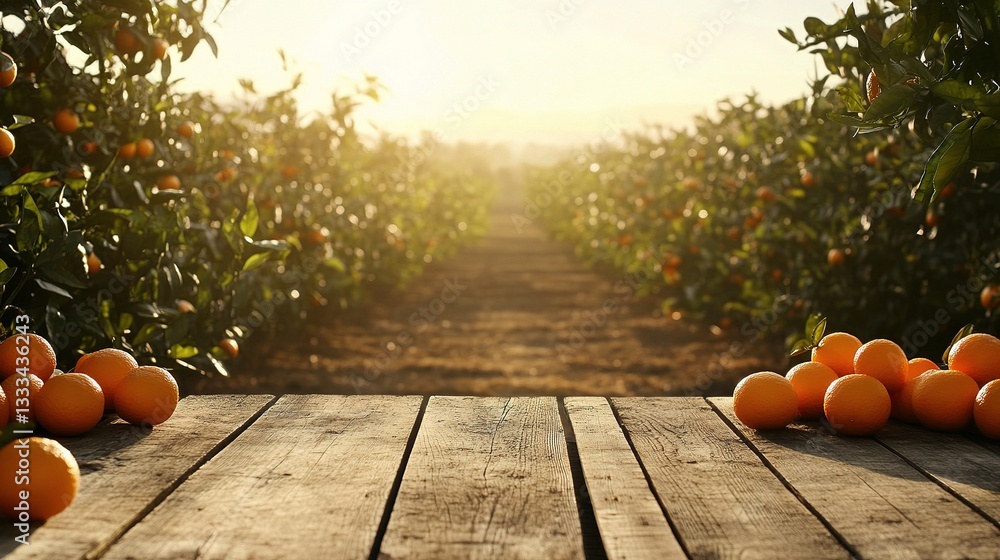Poster sunlit orange field with empty wooden table and oranges in foreground