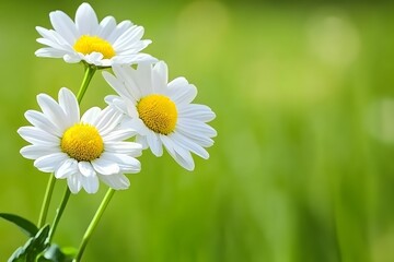 Three White Daisies Blooming in Green Meadow