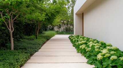 A white house with a white fence and a path of white flowers leading to it. The flowers are white and green, and they are growing along the path. The path is made of concrete. The scene is peaceful