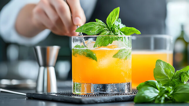 Bartender crafting a refreshing cocktail with fresh garnish upscale bar beverage photography modern environment close-up view mixology art