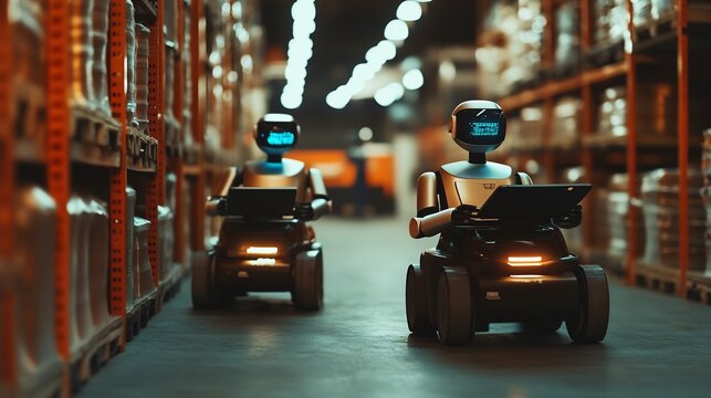 E commerce warehouse automated robots futuristic logistics AI managing inventory efficiency in business operations