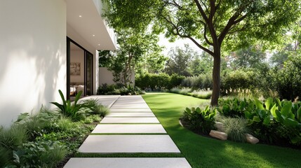 Fototapeta premium A white house with a large tree in front of it. The tree is surrounded by a lush green lawn