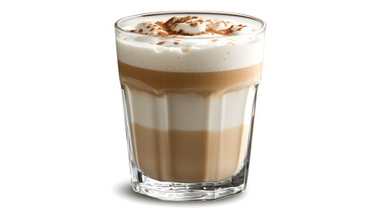 Layered Latte Delight: A captivating close-up of a layered latte in a clear glass, the different coffee layers are distinct and topped with a light layer of froth.