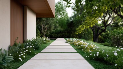 Obraz premium A white house with a large yard and a path leading to it. The path is lined with flowers and trees