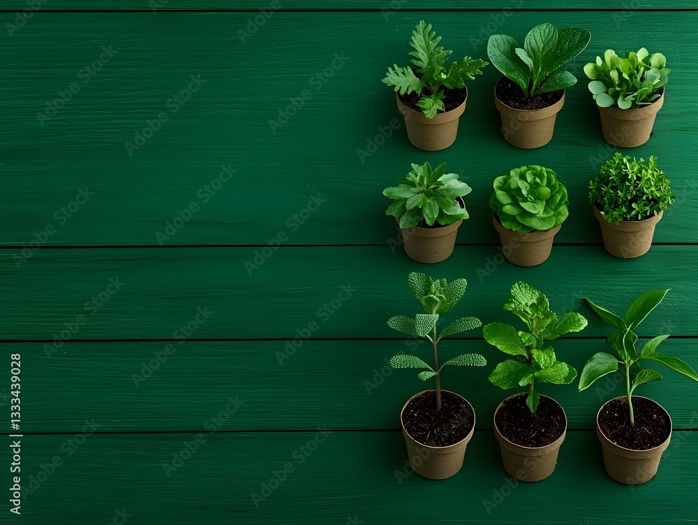 Poster close up of delicate sprouting seedlings nestled in peat moss pots arranged in an orderly grid on a 