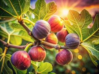 Vintage Photo: Ripe Figs Hanging on a Fig Tree Branch in Sunlight