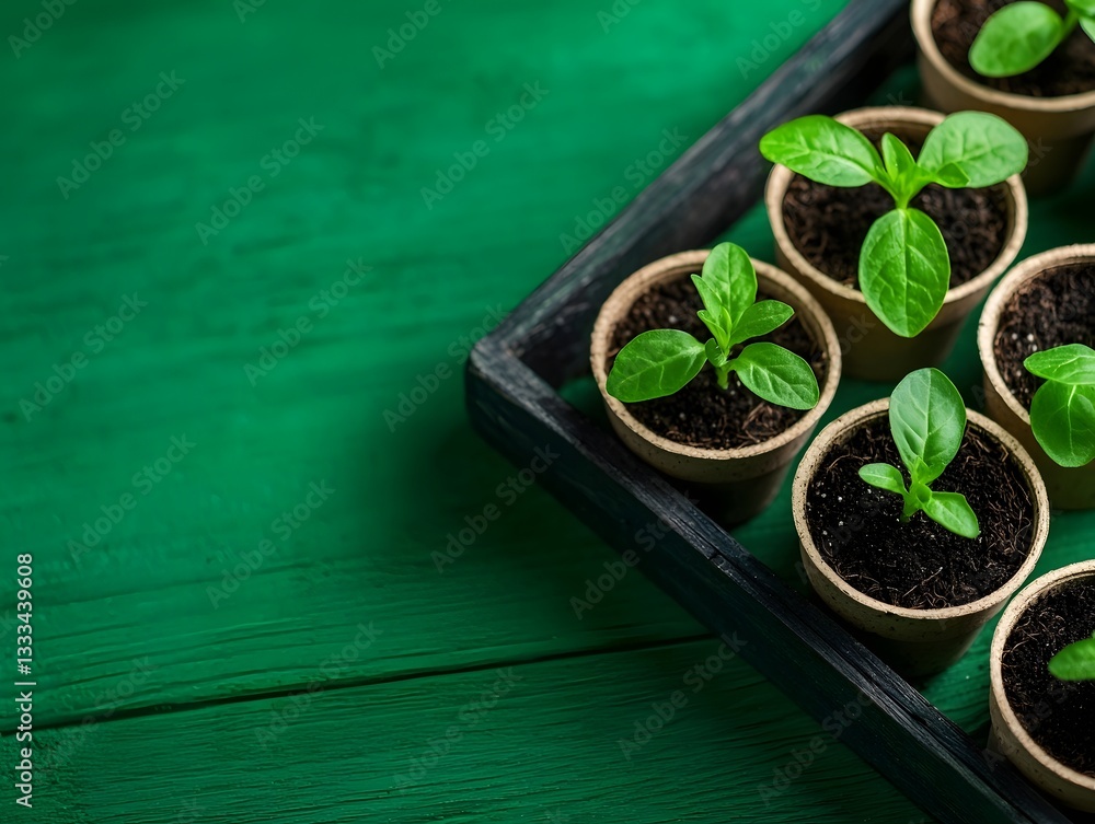 Poster close up view of a grid of delicate seedlings sprouting from peat moss pots arranged in an orderly f