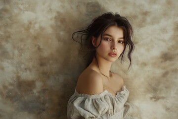 Naklejka premium Beautiful Young Woman Portrait Elegant Style Soft Lighting Brown Hair Off Shoulder Dress Studio Shot Fashion Photography Attractive Model Romantic 