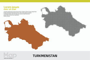 Obraz premium A map of Turkmenistan in dual designs, featuring brown solid details and black abstract dotted patterns, isolated on a white background