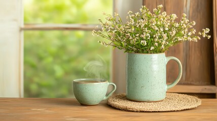 Serene Still Life: Steaming Cup and White Flowers in a Rustic Setting