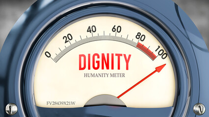 Dignity and Humanity Meter that is hitting a full scale, showing a very high level of dignity, overload of it, too much of it. Maximum value, off the charts.  ,3d illustration