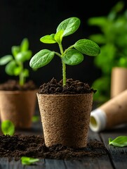 Closeup of lush green seedlings sprouting from peat filled pots showcasing organic textures natural foliage and rustic botanical details on a wooden background with natural lighting