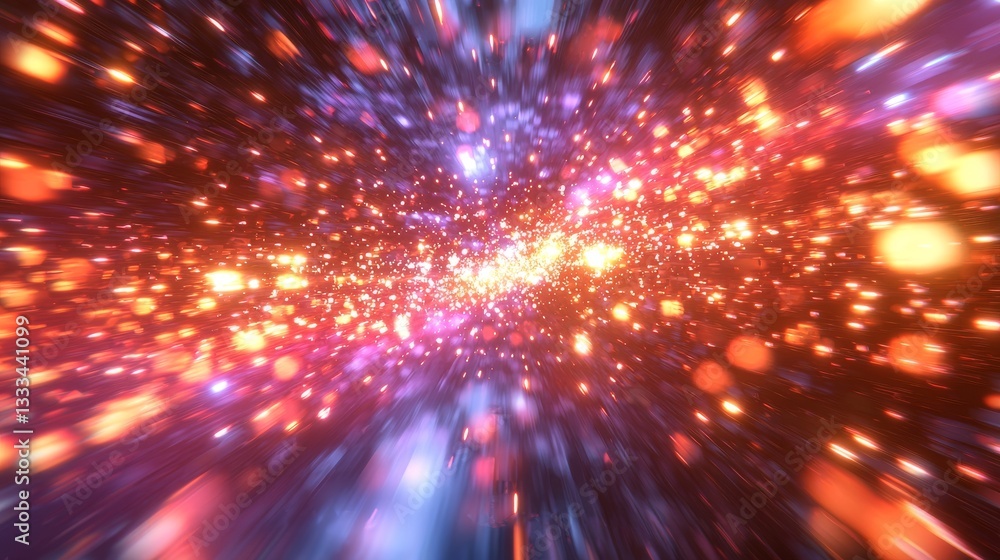 Poster a vibrant cosmic scene depicting colorful light bursts against a dark backdrop, creating a sense of 