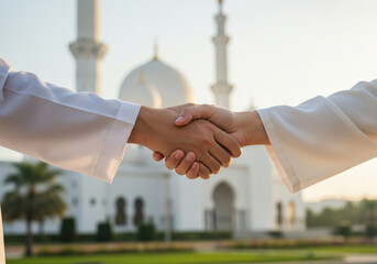 Close-up of a handshake between two individuals in front of a grand white mosque, symbolizing partnership and unity.