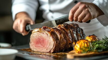 Slicing a juicy roast beef culinary kitchen cooking tutorial gourmet environment close-up view delicious concept for food lovers
