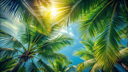 Naklejka premium Vintage Phuket Palm Tree Leaves, Sunny Sky, Tropical Paradise, Exotic Frame