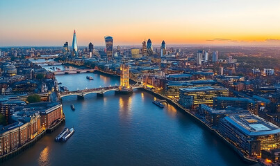 Naklejka premium Aerial view of London's skyline at sunset, showcasing iconic buildings and the River Thames