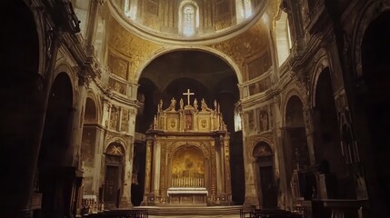 Fototapeta premium Church Altar, European Cathedral, Golden Interior, Sunlight, Religious, Worship, History, Architecture, Travel, Spain