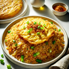 fried rice with fried egg and green onion on plate over white table