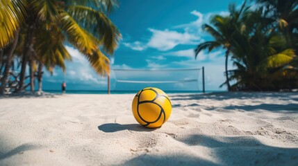 A single volleyball on a sandy beach court, untouched.