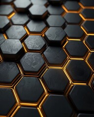 A close-up view of hexagonal tiles with a glowing edge, showcasing a modern and geometric design in shades of black and amber.