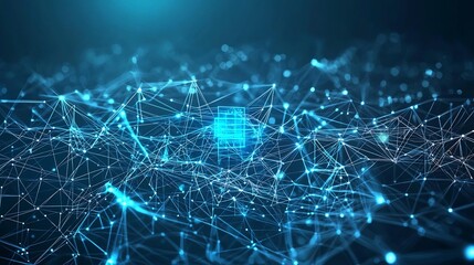 Futuristic business concept a wireframe technology pattern glowing cyber blue digital networks and abstract data connections forming an AI powered communication system