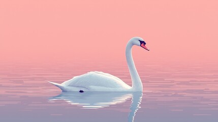 Naklejka premium Serene White Swan Gliding Gracefully Across Tranquil Water at Sunrise with Pastel Sky