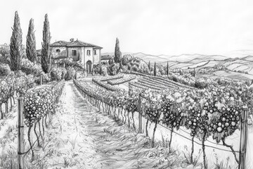 Tuscan countryside villa, vineyards, pathway