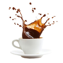 Coffee cup tips over, causing a splash of rich brown liquid on a clean Transparent background, Coffee cup splash / spilled coffee on PNG background