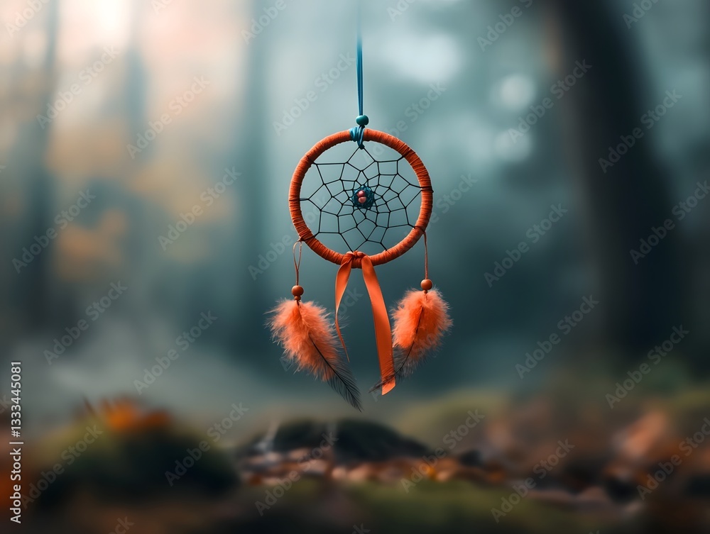 Poster delicate dreamcatcher with a pink ribbon a symbol of unity and inner strength suspended in a peacefu