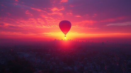 Majestic Hot Air Balloon Floating Over a Vibrant Sunset Skyline of a City with Clouds