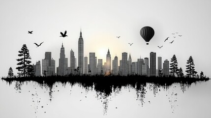 Obraz premium Black and White City Skyline with Hot Air Balloon and Birds at Sunrise or Sunset