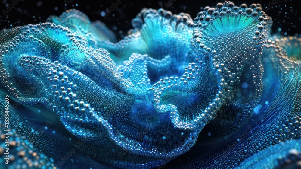Poster a stunning display of tiny blue bubbles clustered together, forming an iridescent pattern.