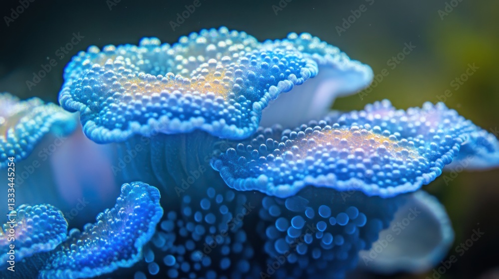 Poster a stunning display of tiny blue bubbles clustered together, forming an iridescent pattern.
