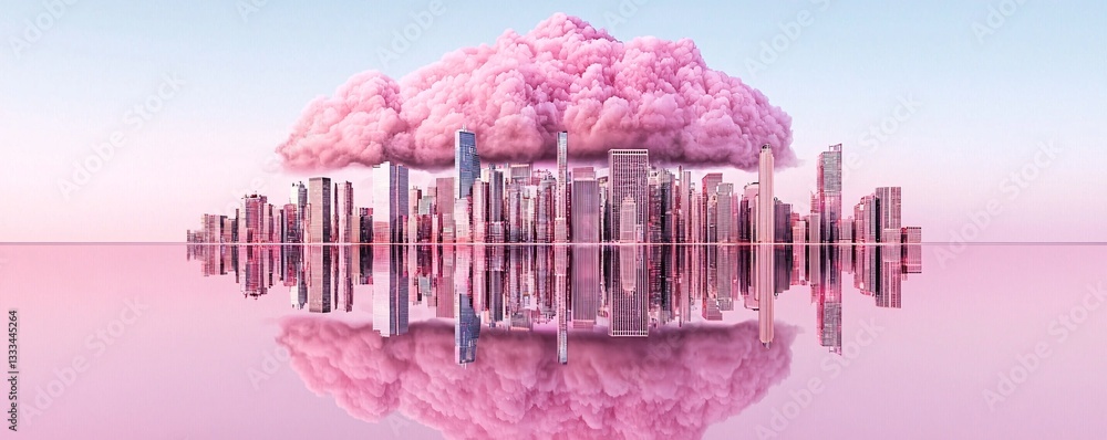 Poster a surreal metropolis where ai-generated clouds drift across skyscrapers made of holographic data str