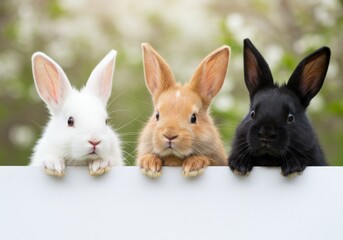 Obraz premium Three Bunnies Peeking Over White Board Outdoors Springtime with Blurred Background