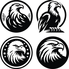 Majestic eagle emblem set in black and white, featuring fierce and bold eagle head illustrations in circular frames with stars, perfect for logos, tattoos, and branding
