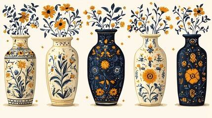 Elegant Collection of Floral Vases with Colorful Flower Arrangements and Intricate Designs