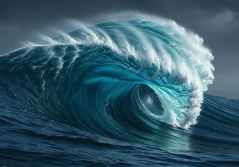 Crashing Ocean Wave with Turquoise Water and Foamy Spray on Dark Day