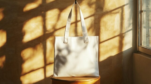 White tote bag on wooden stool, sunlight, textured wall. - Powered by Adobe