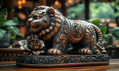 Ornate bronze lion sculpture with floral design, displayed in a tranquil garden setting